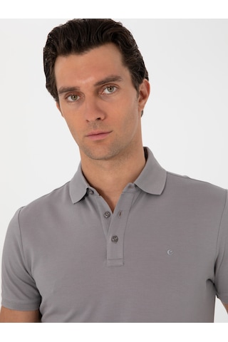 Koyu Gri Slim Fit Polo Yaka Pamuklu Basic T-shirt