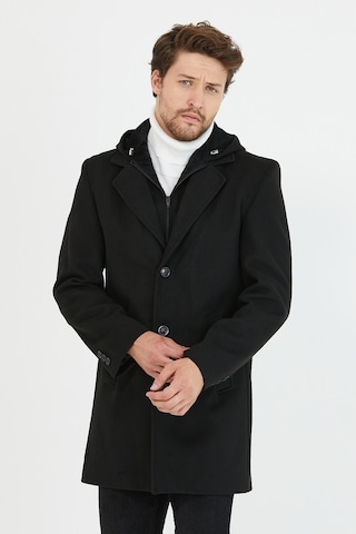 Erkek Siyah Yün Karışımlı Kaşe Kapüşonlu Önü Fermuarlı Kaban-Siyah