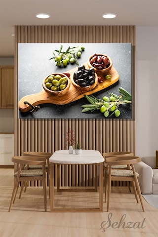 Kanvas Duvar Tablosu Yatay Lokanta Kafe Restoran Akdeniz Mutfak Siyah Yeşil Zeytin Kahvaltı Yağ