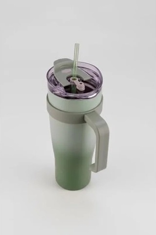 1000 Ml Kapasiteli Yeşil Termos Bardak, Pipetli Tasarım İle Açık Beyaz