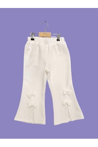 Çikoby Kız Çocuk Fiyonklu İspanyol Paça Pantolon-15686 Ekru