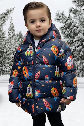 Blayn Jeans Kapüşonlu Desenli Su Geçirmez Çocuk Şişme Mont Lacivert