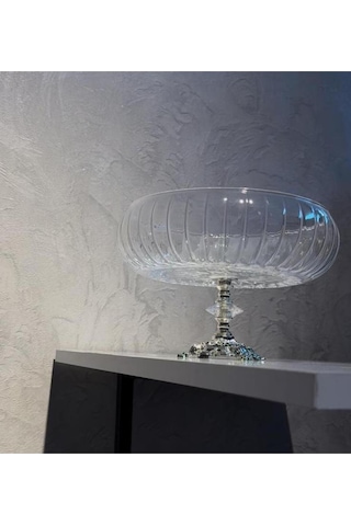 Elta Collection Lotus Kristal 24 Cm Kesme Dekor Metal Ayaklı Salata Kasesi Cam Sunumluk- Servis Tabağı gümüş