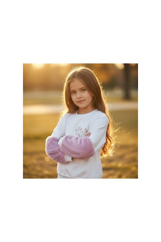 Fesshera Kids Kız Çocuk Sweatshirt Beyaz Sevimli Kalp Baskılı Peluş Kollu İnci Detaylı Pamuklu Sweatshirt