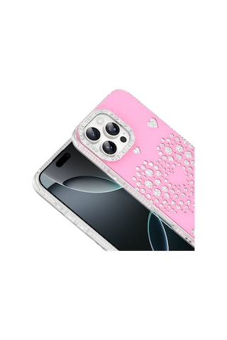 Maks Technology Apple iPhone Uyumlu 16 Pro Max Kılıf Damla Taşlı Mkst Rivas Sert Pc Kapak - Pembe