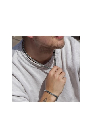 Silver Erkek Çelik Kral Zincir Kolye Bileklik Set 4mm Gümüş