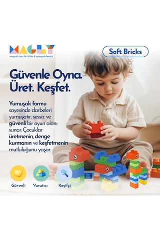 Magly Soft Bricks Yumuşak Yapı Blokları - Çocuklar İçin Renkli,silikon, Esnek 42 Parça Yapı Blok Seti Taşıma Çantalı