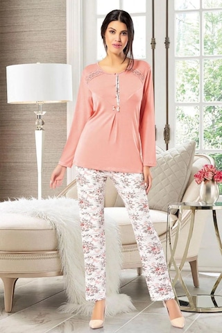 Faal 8602 Kadın Uzun Kollu Önden Düğmeli Pijama Takımı-somon SOMON