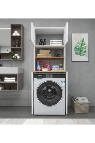 Enda Home Çamaşır Makinesi Dolabı 2 Kapaklı Banyo Dolabı Çam Atlantik Çam - Beyaz