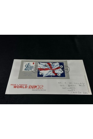 Futbol Temalı 2002 Dünya Kupası İngiltere İlk Gün Zarfı Royal Mail Fdc Postadan Geçmiş
