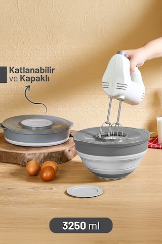 İronika Katlanır Akordiyon Sıçramayı Önleyici Kapaklı Mikser Karıştırma Kabı 3250 Ml Gri