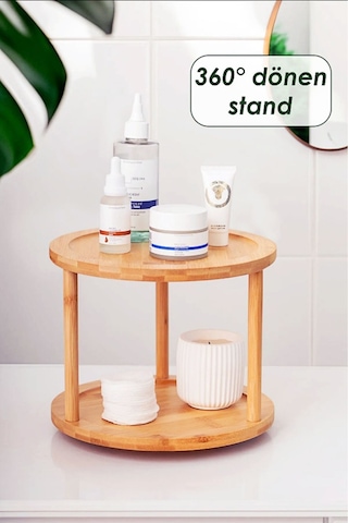 Bambu 2 Katlı Dönen Baharatlık Standı Organizer Düzenleyici / Doğal / Bambu Kahverengi
