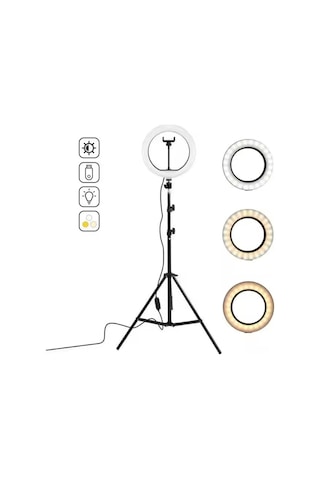 Youtuber Tiktok Çekim Işıklı Makyaj Işığı Ring Light 10 İnç Extra Büyük Boy Led 3 Renk 30 Mod 210 Cm