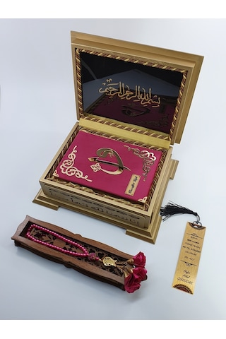 Kişiye Özel Hediye Kuranı Kerim Ahşap Kutulu Fuşya Pembe-Sarı Kutu-