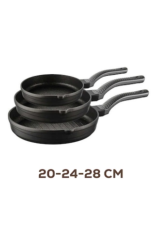 Oms 3738 Biogranit Döküm Grill Ergonomik Saplı 3 Parça Tava Seti Siyah 20-24-28cm Siyah