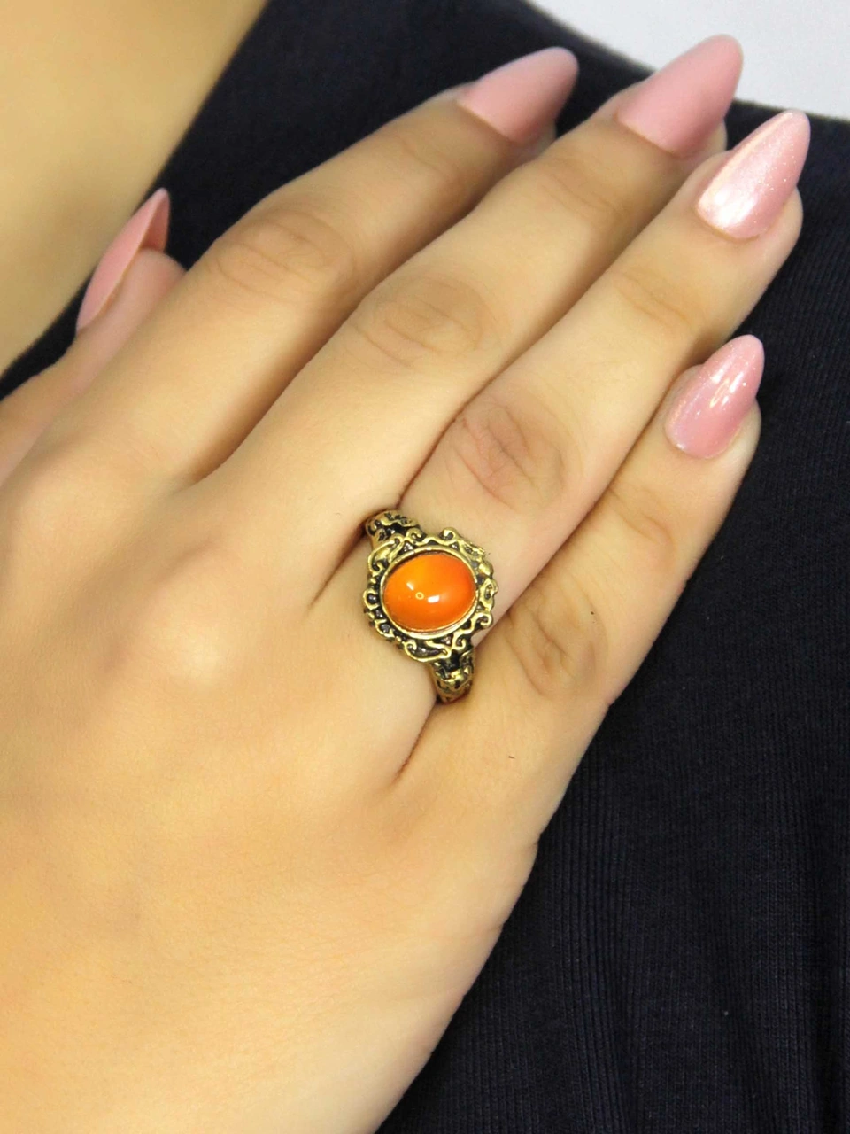 Doğal Taş Akik Yuvarlak Doğal Taşlı Antik Model Kadın Ayarlanabillir Yüzük Euy80a Kırmızı