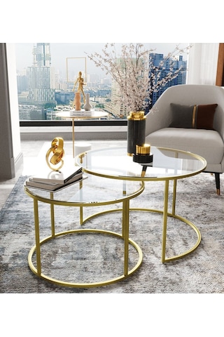 Dekoport Milas Mat Gold Orta Sehpa - Temperli Şeffaf Cam Gold