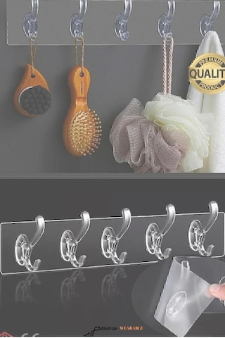 1 Adet Kendinden Yapışkanlı Güçlü Şeffaf 5li Askılık - Kapı Arkası Mutfak Duvar Banyo Şeffaf