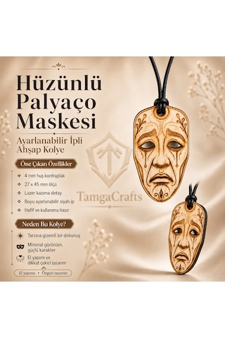 Hüzünlü Palyaço Maskesi Ahşap Kolye - Lazer Kazıma Ayarlanabilir İpli Unisex 01 - Krem