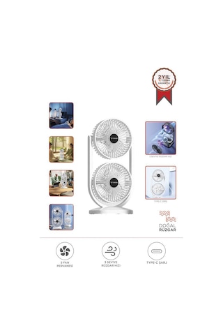 Torima F-22 Beyaz Mini Fan Taşınabilir Çift Başlıklı Sessiz Vantilatör Type-c Girişli, 3 Kademeli Hız Ayarı