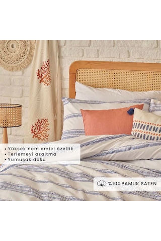 %100 Pamuk Saten Marine King Size Nevresim Seti Mavi 240x220 Cm Beyaz - Mavi