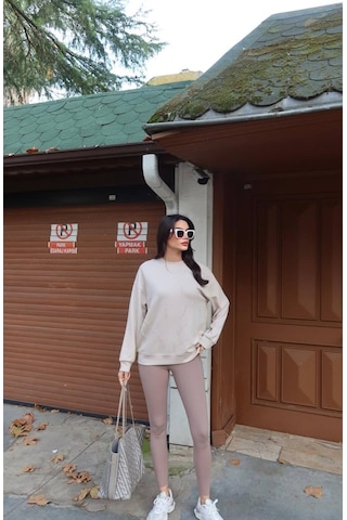 Cemo Günlük Uzun Kollu Bisiklet Yaka Basic Bluz/sweatshirt Bej