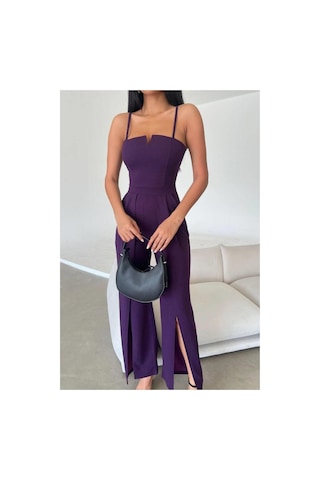 DefyModa Kadın Krep Kumaş Yırtmaçlı Askılı Tulum Mor