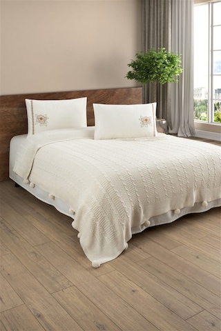 Çift Kişilik Triko Örme Battaniye Takımı-tivoli Rosetta Krem