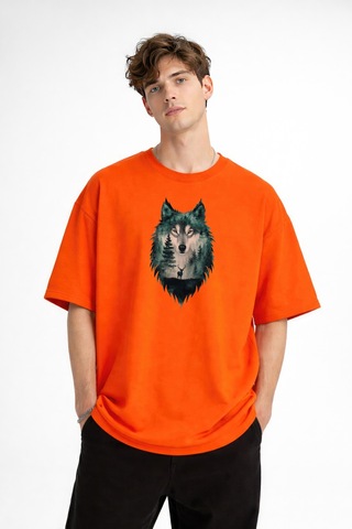 Misa Tahtakale Wolf - Oversize Erkek Tişört Turuncu Çok Renkli