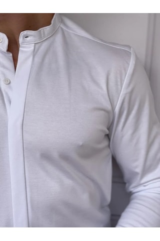 Modefendi %100 Pamuklu Slimfit Gizli Kanun Yaka Gömlek Beyaz