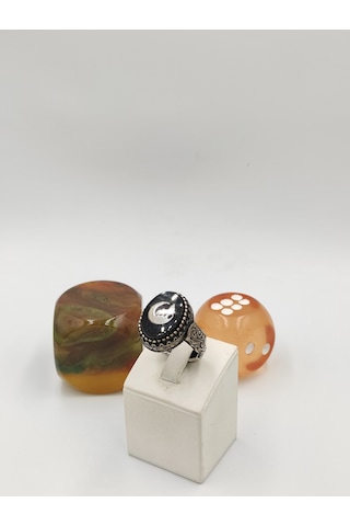 Siyah Kehribar Taşlı Hilal Bozkurt 925 Ayar 24 Mm 12,40 G. Erkek Yüzüğü Gümüş