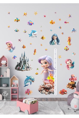 Deniz Kızı Temalı Boy Ölçerli Duvar Sticker Seti - Mat, Sökülebilir, Çocuk Odası Dekoru 01