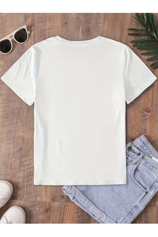 Wear Vexel Kadın Tişört Fiyonk Baskılı Bisiklet Yaka Yazlık Kısa Kol Oversize T-shirt - Beyaz Beyaz