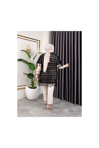 Hira Life Fashion Kadın Mevsimlik Saçaklı Ve Ajurlu Pamuk Triko Hırka Siyah Siyah