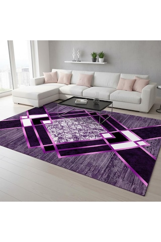 Siyah Lila Modern Geometrik Desenli Dijital Baskılı Halı Kaymaz Tabanlı, Üçgen Ve Elmas Formlu Şık mor