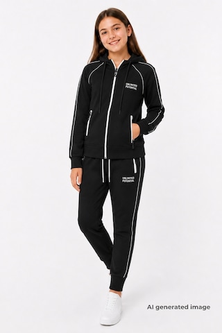 Pina Kids Kız Çocuk Scuba Unlimited Çift Şeritli Kapüşonlu Reglan Kol Dalgıç Kumaş Eşofman Takımı Esf7023 siyah