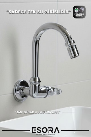 360 Oynar Başlıklı Baston Borulu Duvardan Tek Su Mutfak - Banyo Ve Lavabo Bataryası Krom