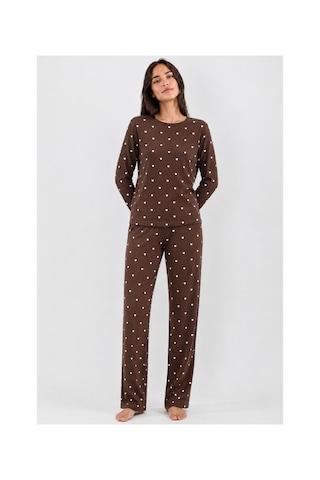Feg Store %100 Pamuk Kahverengi Uzun Kollu Minik Kalp Detaylı Kadın Pijama Takımı