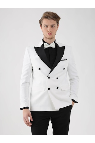 Dufy Ekru-Siyah Erkek Slim Fit Sivri Yaka Smokin Takım - 92441 Ekru - Siyah