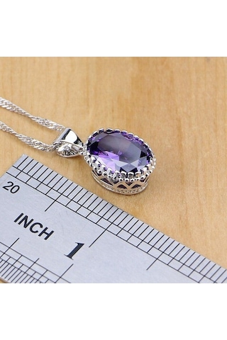 Novahub Gümüş Renk Beyaz Kristal Mor Kübik Zirkonya Takı Seti Kadınlar İçin 4 Adet, Gelin Takı Seti, Küpe, Kolye, Yüzük, 7 Halka Boyutu Mor