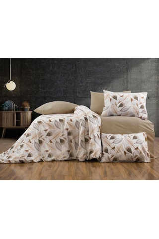 Lüks%80 Pamuklu Çift Kişilik Nevresim Takımı Seti Yorgan Kılıfı Krem Yaprak Desen 200x220 Cm + Lastikli Battal B Çok Renkli