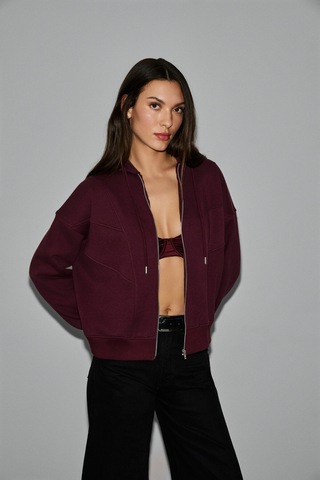 Grımelange Vyselle Kadın Önü Kesikli Metal Fermuarlı Kapüşonlu Etiket Detaylı Oversize Bordo Sweatsh Bordo