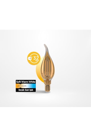 Lexroo Filament Ampul Mum Tipi E14 Flame 4w 360lm 2000k Gold Sıcak Sarı Işık Standart