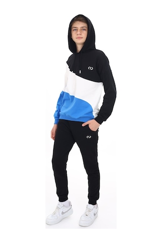 Toontoy Kids Toontoy Erkek Çocuk 2'li Takım Baskılı Kapüşonlu Sweatshirt & Beli Paçası Lastikli Cepli Jogger Eşofman Altı - Renk Bloklu & 2 İplik Saks