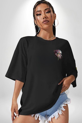 İnsan Kafası Sulu Boya Siyah Oversize Unisex Ön Sol Yan Minimal Baskılı Tişört Koyu Siyah