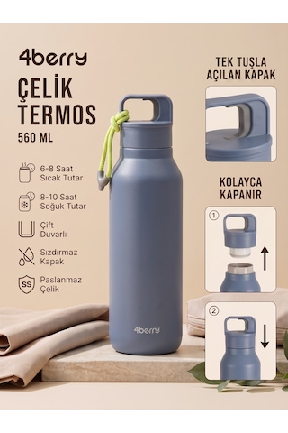 Çelik Termos 560 Ml Paslanmaz Çelik Çift Duvarlı Sızdırmaz Kapaklı Askılı Taşınabilir Sıcak Soğuk Termos - Mavi Lacivert
