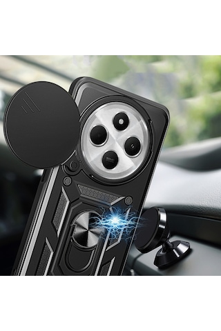 Goocamp Xiaomi Redmi 14c 4g Uyumlu Magnetik Standlı Kamera Korumalı Sürgülü Vega Kap Mavi
