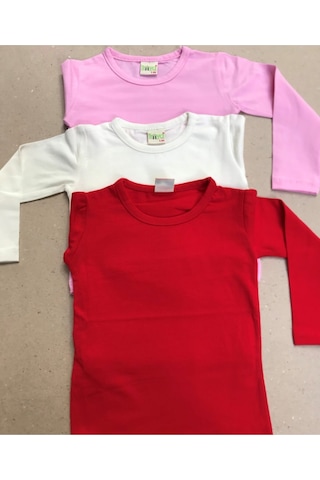 Kız Çocuk Likralı Basic Uzun Kollu Tişort Krem-kırmızı-pembe Renk 3 Lü Paket Krem-kırmızı-pembe