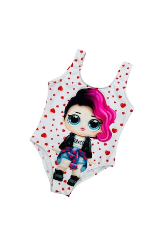 Lolliboomkids Kız Çocuk Punk Lol Rocker Boi Mor Saçlı Karakter Desen Beyaz Üzeri Kalp Desen Mayo Beyaz - Pembe
