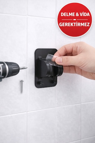 Yapışkanlı Duş Başlığı Tutucu Ayarlı Delmeden Duvara Monte Siyah Duş Askısı Siyah Diğer